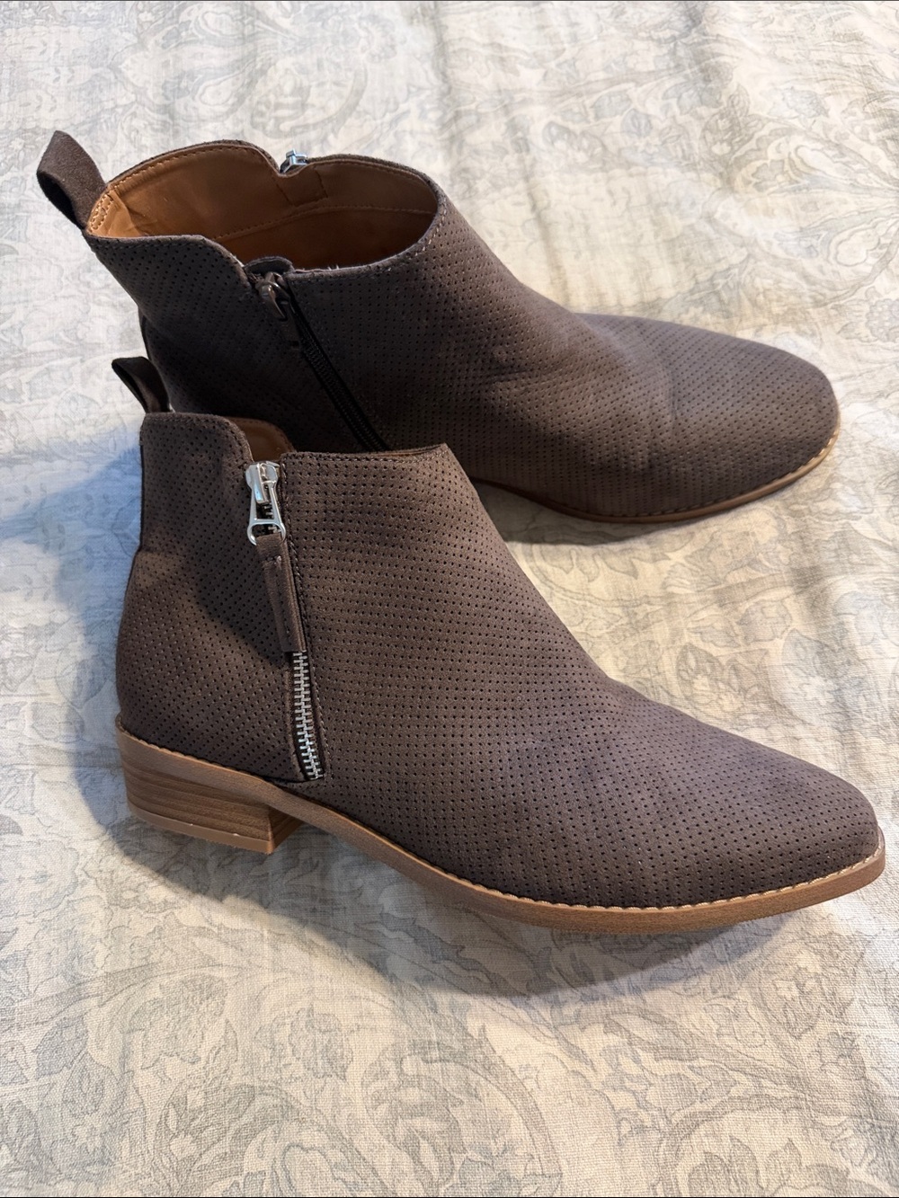 Universal Thread Taupe Perforated Suede Ankle Booties with Side Zipper